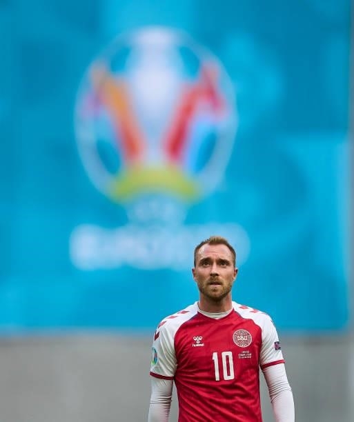 Christian Eriksen of Denmark looks on during the UEFA EURO 2020 Group B match between Denmark and Finland at Parken Stadium on June 12, 2021 in...