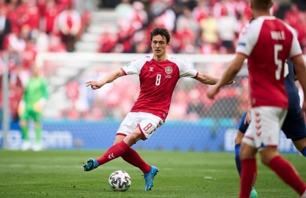 Thomas Delaney of Denmark controls the ball during the UEFA EURO 2020 Group B match between Denmark and Finland at Parken Stadium on June 12, 2021 in...