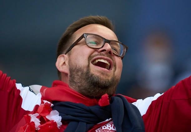 Fans of Denmark cheer prior to the UEFA EURO 2020 Group B match between Denmark and Finland at Parken Stadium on June 12, 2021 in Copenhagen, Denmark.