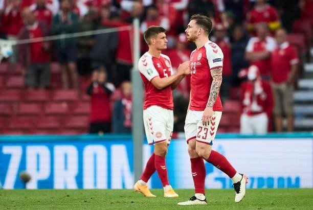Pierre-Emile Hojbjerg of Denmark shows emotions after the UEFA EURO 2020 Group B match between Denmark and Finland at Parken Stadium on June 12, 2021...