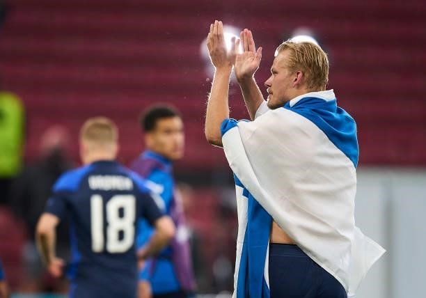 Joel Pohjanpalo of Finland celebrates after the UEFA EURO 2020 Group B match between Denmark and Finland at Parken Stadium on June 12, 2021 in...