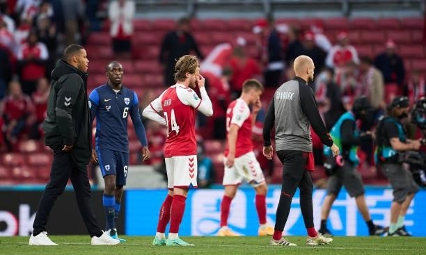 Mathias Jensen of Denmark showing emotions during the UEFA EURO 2020 Group B match between Denmark and Finland at Parken Stadium on June 12, 2021 in...