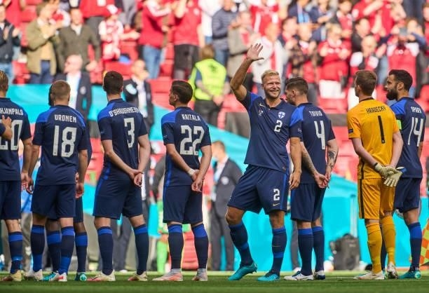 Paulus Arajuuri of Finland applauds fans prior to the UEFA EURO 2020 Group B match between Denmark and Finland at Parken Stadium on June 12, 2021 in...