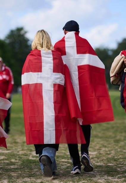 Danish fans arriving the stadium prior to the UEFA EURO 2020 Group B match between Denmark and Finland at Parken Stadium on June 12, 2021 in...