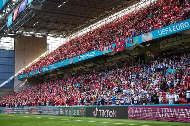 General view of the fans and the stands during the UEFA EURO 2020 Group B match between Denmark and Finland at Parken Stadium on June 12, 2021 in...
