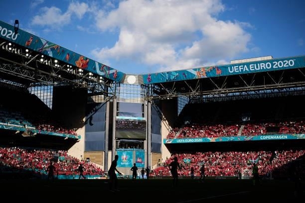 General view of the stands during the UEFA EURO 2020 Group B match between Denmark and Finland at Parken Stadium on June 12, 2021 in Copenhagen,...