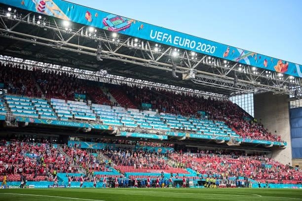 General view of the players of Denmark walking on to the pitch prior to the UEFA EURO 2020 Group B match between Denmark and Finland at Parken...
