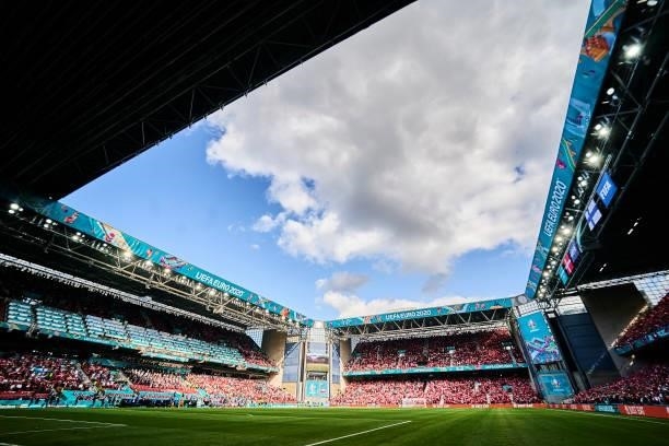 General view of the stands during the UEFA EURO 2020 Group B match between Denmark and Finland at Parken Stadium on June 12, 2021 in Copenhagen,...