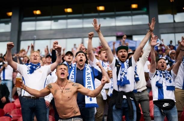 Fans of Finland cheer prior to the UEFA EURO 2020 Group B match between Denmark and Finland at Parken Stadium on June 12, 2021 in Copenhagen, Denmark.
