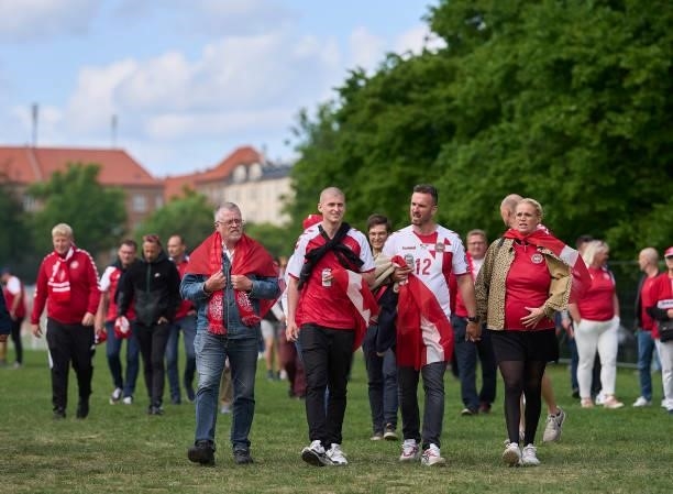Danish fans arriving the stadium prior to the UEFA EURO 2020 Group B match between Denmark and Finland at Parken Stadium on June 12, 2021 in...