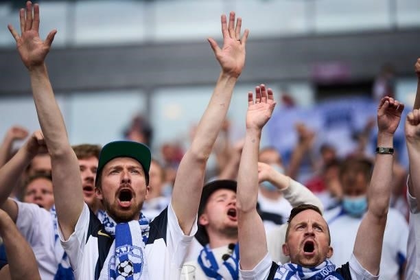 Fans of Finland cheer prior to the UEFA EURO 2020 Group B match between Denmark and Finland at Parken Stadium on June 12, 2021 in Copenhagen, Denmark.