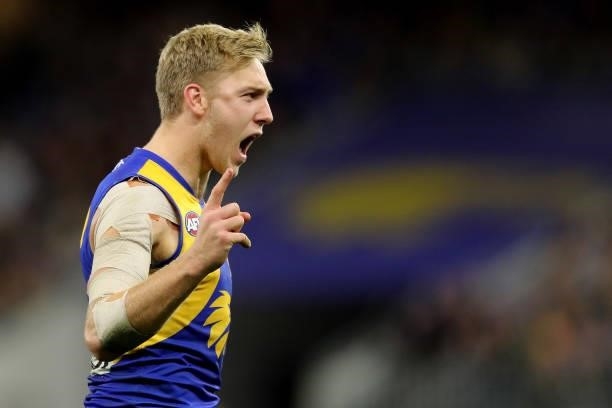 Oscar Allen of the Eagles celebrates after scoring a goal during the 2021 AFL Round 13 match between the West Coast Eagles and the Richmond Tigers at...