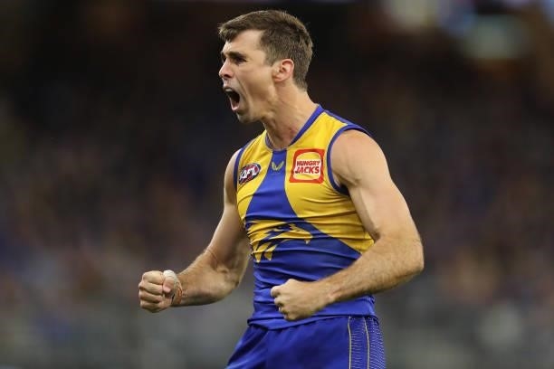 Jamie Cripps of the Eagles celebrates after scoring a goal during the 2021 AFL Round 13 match between the West Coast Eagles and the Richmond Tigers...