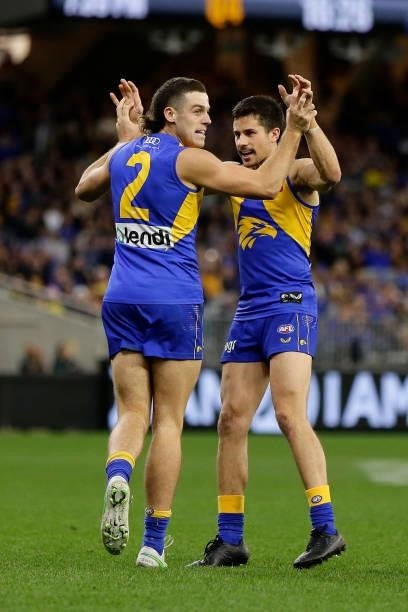 Jake Waterman of the Eagles celebrates after scoring a goal during the 2021 AFL Round 13 match between the West Coast Eagles and the Richmond Tigers...