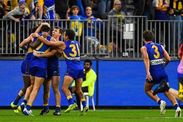 Josh J. Kennedy of the Eagles celebrates a goal later in the game during the 2021 AFL Round 13 match between the West Coast Eagles and the Richmond...