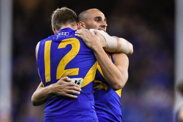 Oscar Allen and Dom Sheed of the Eagles celebrate the win on the final siren during the 2021 AFL Round 13 match between the West Coast Eagles and the...