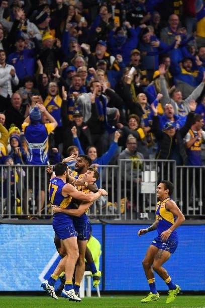 Josh J. Kennedy of the Eagles celebrates a goal later in the game during the 2021 AFL Round 13 match between the West Coast Eagles and the Richmond...