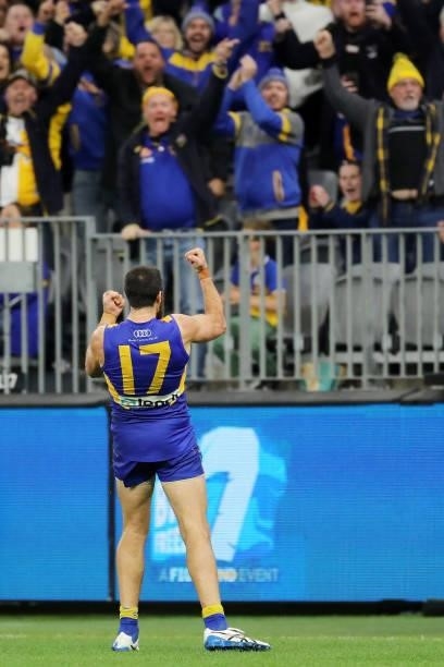 Josh J. Kennedy of the Eagles celebrates after scoring a goal during the 2021 AFL Round 13 match between the West Coast Eagles and the Richmond...