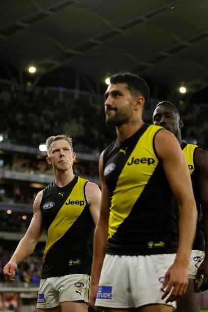 Jack Riewoldt of the Tigers leave the field after the teams defeat the 2021 AFL Round 13 match between the West Coast Eagles and the Richmond Tigers...