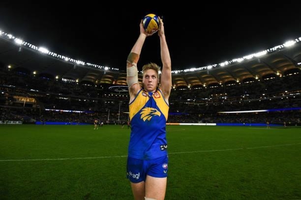 Oscar Allen of the Eagles thanks the fans during the 2021 AFL Round 13 match between the West Coast Eagles and the Richmond Tigers at Optus Stadium...
