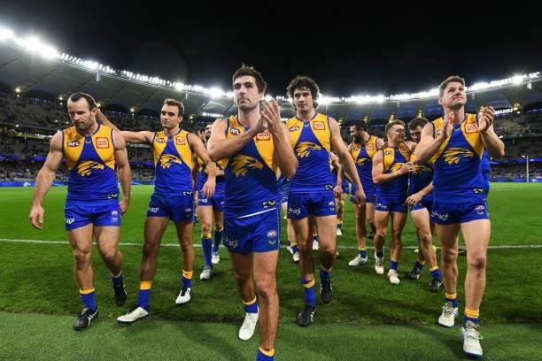 Andrew Gaff of the Eagles heads to the rooms after the win during the 2021 AFL Round 13 match between the West Coast Eagles and the Richmond Tigers...