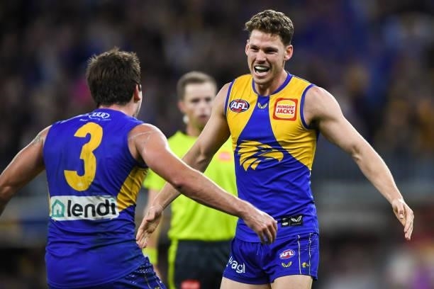 Jack Redden of the Eagles celebrates the win in the final siren during the 2021 AFL Round 13 match between the West Coast Eagles and the Richmond...