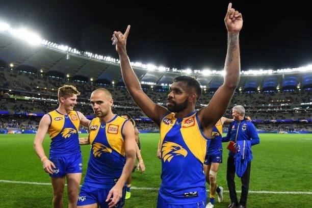 Liam Ryan of the Eagles celebrates the win during the 2021 AFL Round 13 match between the West Coast Eagles and the Richmond Tigers at Optus Stadium...