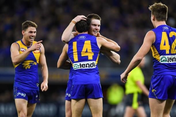 Luke Foley of the Eagles celebrates the win during the 2021 AFL Round 13 match between the West Coast Eagles and the Richmond Tigers at Optus Stadium...