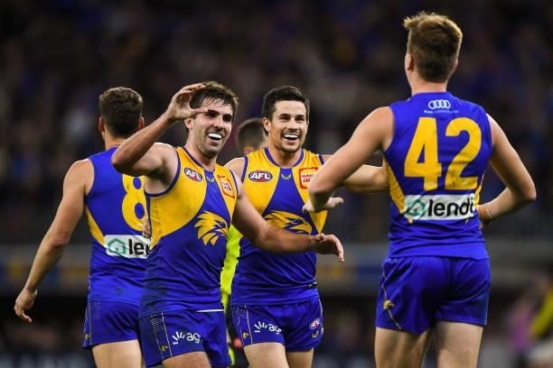 Andrew Gaff and Liam Duggan of the Eagles celebrate the win on the final siren during the 2021 AFL Round 13 match between the West Coast Eagles and...