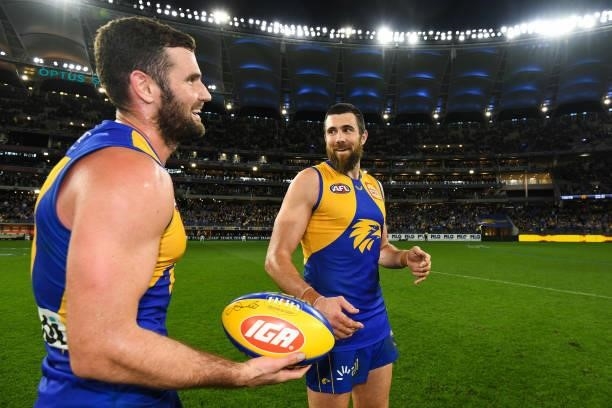 Josh J. Kennedy of the Eagles happy with his team's win during the 2021 AFL Round 13 match between the West Coast Eagles and the Richmond Tigers at...