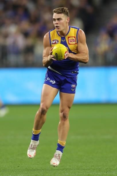 Zac Langdon of the Eagles marks the ball during the 2021 AFL Round 13 match between the West Coast Eagles and the Richmond Tigers at Optus Stadium on...