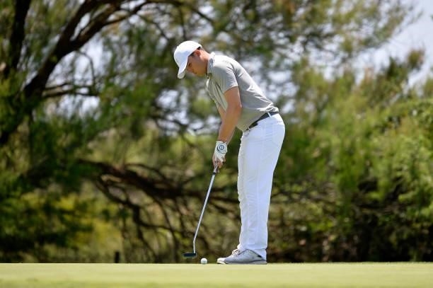 Kristof Ulenaers of Belgium plays his fourth shot on the sixth hole during Day Four of the Challenge de Cadiz at Iberostar Real Club de Golf Novo...