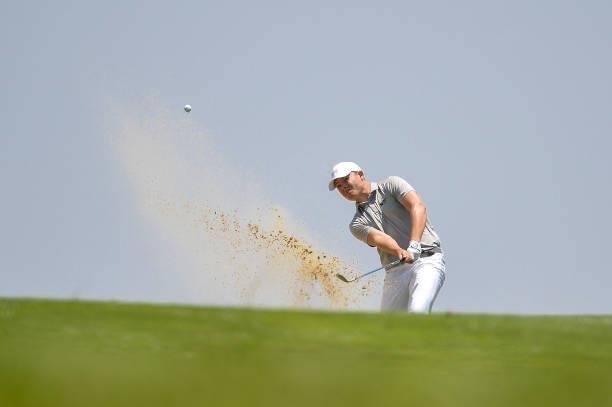 Kristof Ulenaers of Belgium plays his second shot on the sixth hole during Day Four of the Challenge de Cadiz at Iberostar Real Club de Golf Novo...