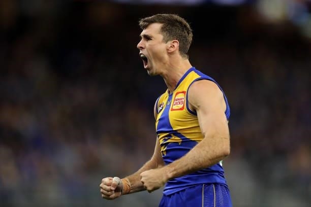 Jamie Cripps of the Eagles celebrates after scoring a goal during the 2021 AFL Round 13 match between the West Coast Eagles and the Richmond Tigers...