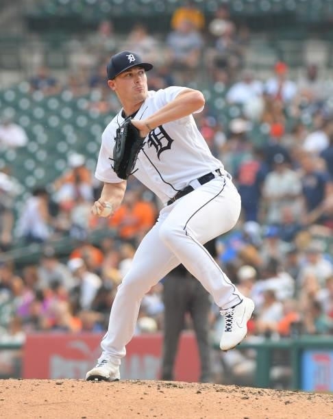 Beau Burrows of the Detroit Tigers pitches during the game against the Chicago White Sox at Comerica Park on June 12, 2021 in Detroit, Michigan. The...