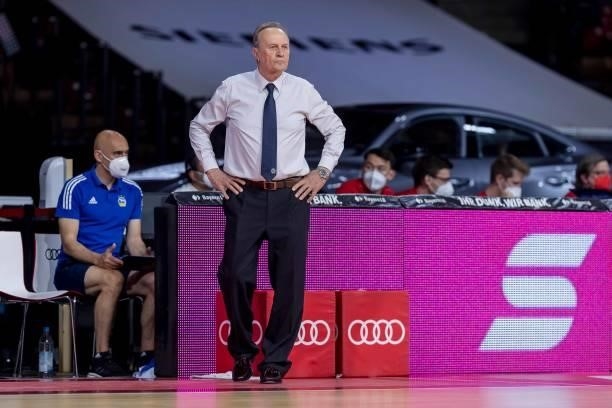 Head coach Alejandro Garcia Reneses of Alba Berlin looks on during the easy credit BBL Play Off Final match between FC Bayern Muenchen and Alba...