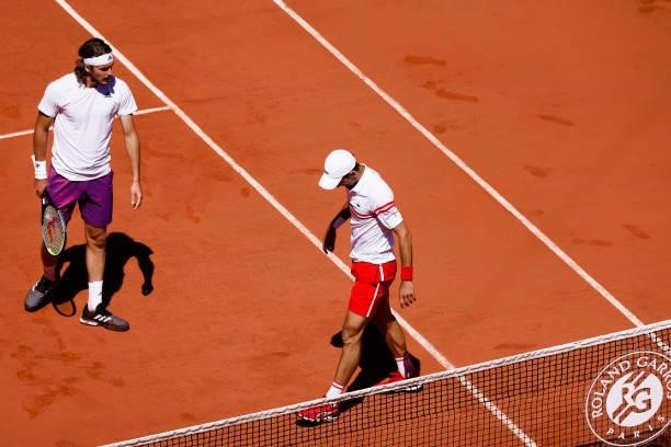 June 2021, France, Paris: Tennis: Grand Slam/ATP Tour - French Open, Singles, Men, Final, Djokovic - Tsitsipas . Novak Djokovic and Stefanos...
