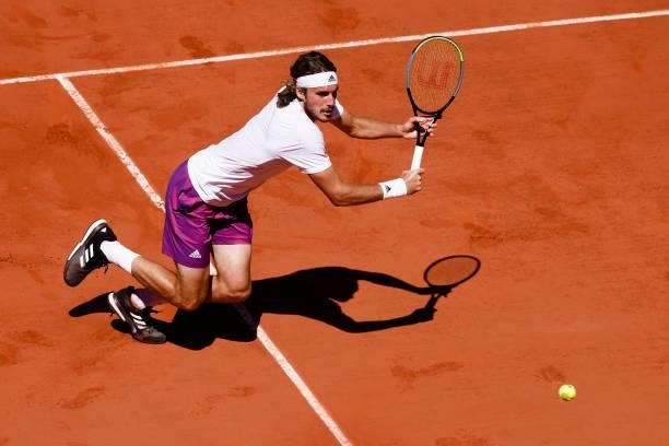 June 2021, France, Paris: Tennis: Grand Slam/ATP Tour - French Open, Singles, Men, Final, Djokovic - Tsitsipas . Stefanos Tsitsipas is in action....
