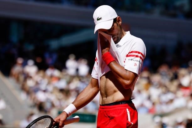 June 2021, France, Paris: Tennis: Grand Slam/ATP Tour - French Open, Singles, Men, Final, Djokovic - Tsitsipas . Novak Djokovic reacts disappointed....