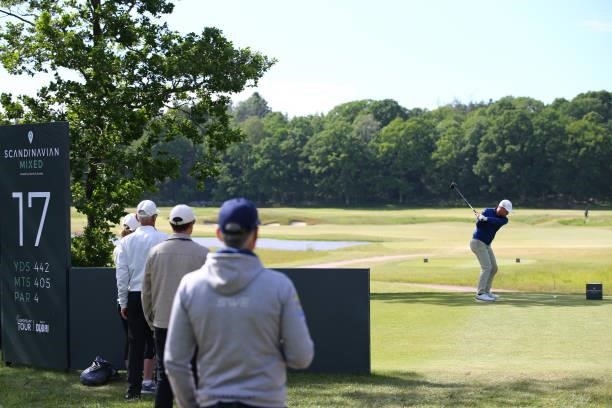 Jonathan Caldwell of Northern Ireland tees off on the 17th hole during the final round of The Scandinavian Mixed Hosted by Henrik and Annika at...