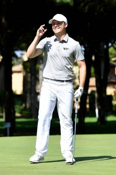 Kristof Ulenaers of Belgium reacts after holing the winning putt on the 18th green during the final round of the Challenge de Cadiz at Iberostar Real...