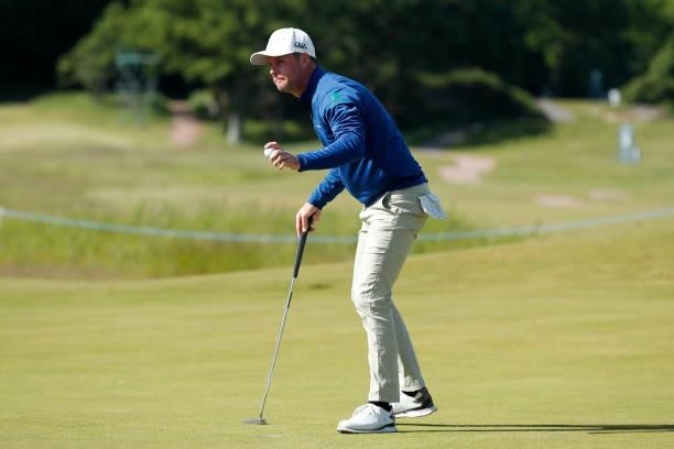 Jonathan Caldwell of Northern Ireland acknowledges the crowd on the 18th green during the final round of The Scandinavian Mixed Hosted by Henrik and...