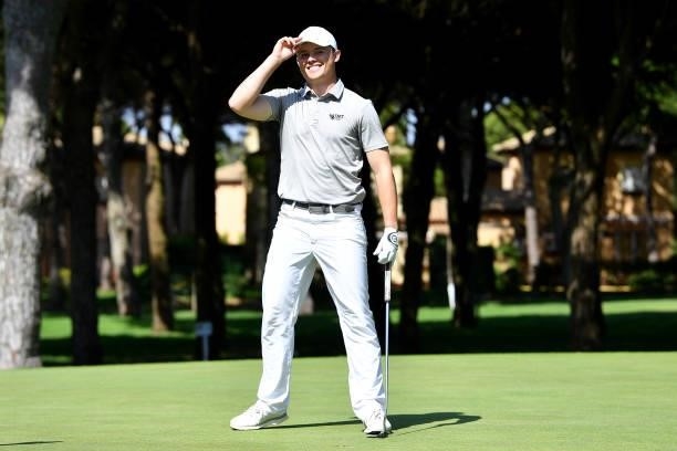 Kristof Ulenaers of Belgium reacts after holing the winning putt on the 18th green during the final round of the Challenge de Cadiz at Iberostar Real...