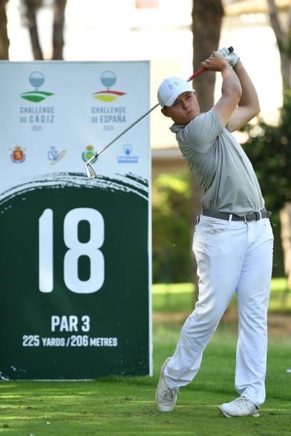 Kristof Ulenaers of Belgium tees off on the 18th hole during the final round of the Challenge de Cadiz at Iberostar Real Club de Golf Novo Sancti...