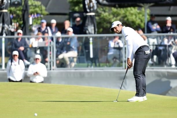 Adrian Otaegui of Spain reacts to a putt on the 18th green during the final round of The Scandinavian Mixed Hosted by Henrik and Annika at Vallda...