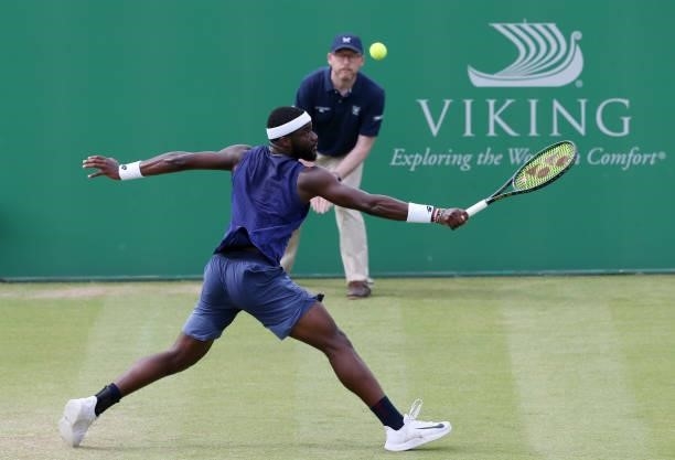 Frances Tafore of the United States plays a backhand return against Denis Kudla of the United States during the Mens Single's Vikings Open Trophy at...