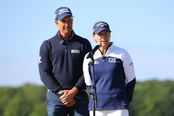 Henrik Stenson of Sweden and Annika Sorenstam of Sweden speak at the trophy presentation during the final round of The Scandinavian Mixed Hosted by...