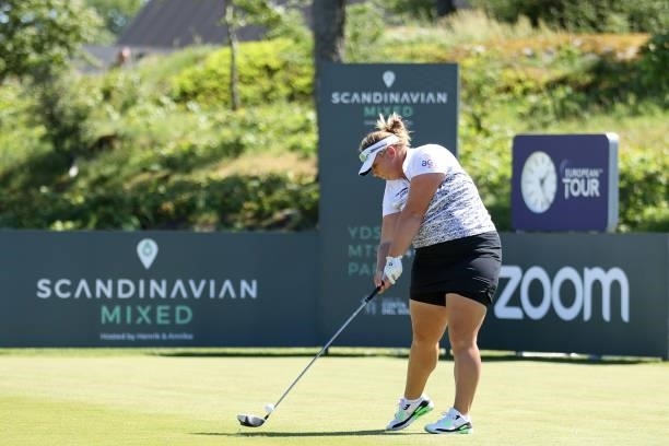 Alice Hewson of England tees off on the 1st hole during the final round of The Scandinavian Mixed Hosted by Henrik and Annika at Vallda Golf &...