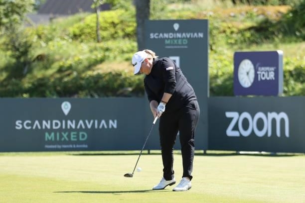 Caroline Hedwall of Sweden tees off on the 1st hole during the final round of The Scandinavian Mixed Hosted by Henrik and Annika at Vallda Golf &...
