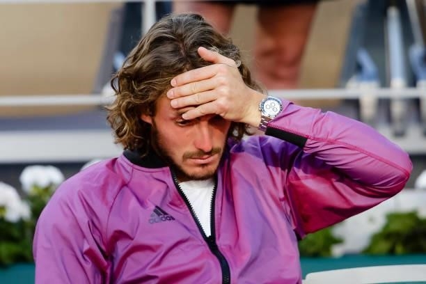 June 2021, France, Paris: Tennis: Grand Slam/ATP Tour - French Open, men's singles, final, Djokovic - Tsitsipas . Stefanos Tsitsipas reacts...